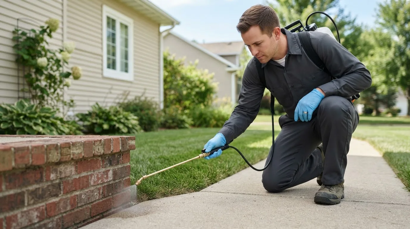 Pest control technician treating a home near Queen City, TX