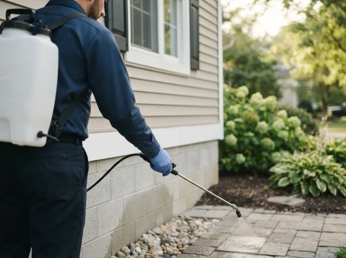Pest control technician inspecting a home in Queen City, TX